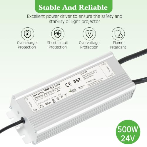 Image of LED Driver 500 Watts(250W X2) 24V DC Transformer,Waterproof IP67 Power Supply, Adapter with 3-Prong Plug 4.9 Feet Cable for Any DC led Lights, Computer Project, Outdoor Light