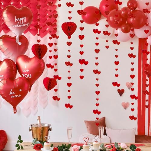 Image of Valentines Day Party Decoration Red Heart Garland 39Ft Glitter Hanging Heart Streamer Love Banner for Anniversary Engagement Wedding Galentines Birthday Bachelorette Mother's Day Party Supplies