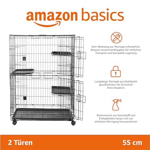 Amazon Basics Langlebig, biegsam Großer Katzenkäfig mit 3 Ebenen, Schwarz, L 91 x B 57 x H 129 cm