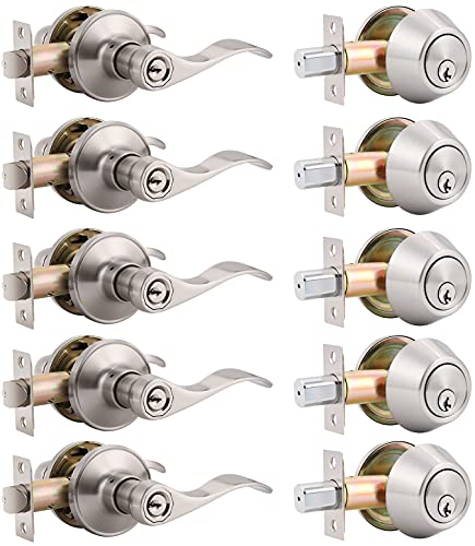 Best Promo 5 Pack Front Door Entry Lever Lock Set and Single Cylinder Deadbolt Keyed Alike Combination Set, Wave Style Door Lever Handle Set [Front Door or Office] Right & Left Sided Doors, Satin Nickel