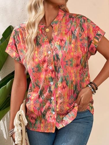Image of LIRIT Women Orange Printed Button-Down Shirt | Short Sleeves, Collared Neck & Casual Fit | Women's Shirt & Top