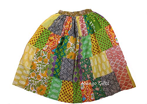 Women – Multicolor Mid-Length Boho Cotton, Patchwork Skirt with Elastic Waistband – Handmade Cotton Panel Skirt, 30 Inch Length – Unique Assorted Prints.