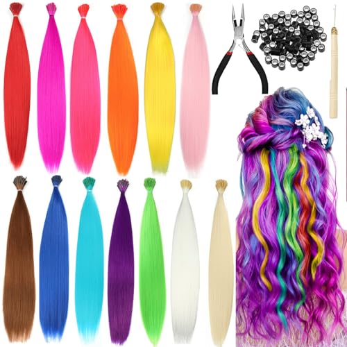 52 Stück Bunte Haarverlängerungs Set, 13 Farben Haarsträhnen Kinder, 50cm Geflochtenes Haar Haarteile mit 100 Perlen Ponytail Braids Clip für Party Highlights Haar Zubehör Haarteile für kinder Frauen