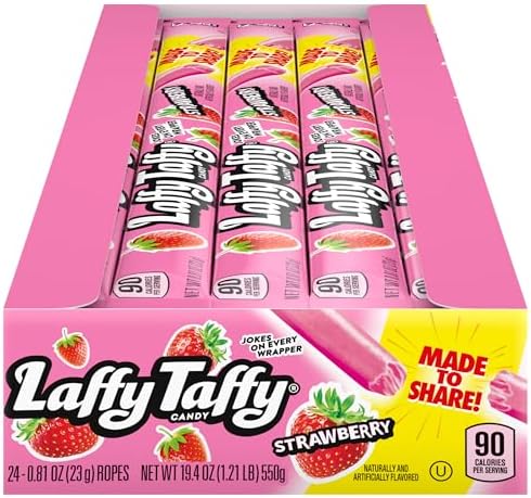 Laffy Taffy Strawberry Candy Rope, Pack of 24 x 23G - Individually Wrapped, Chewy American Candy for Kids, Teens & Adults, Kosher Certified Sweets - Ideal Holiday & Halloween Sweets