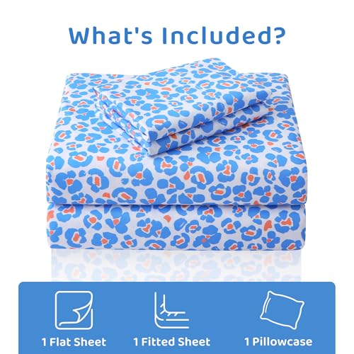 Image of Mooreeke Leopard Cheetah Printed Twin Bed Sheets, Soft Microfiber Bedding Sheets & Pillowcases, Deep Pocket Non-Slip Fitted Twin Sheet, Blue Animal Pattern Bedsheets