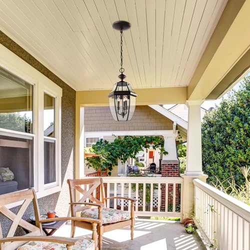 Image of Large Outdoor Pendant Light Fixture 3-Light, 20in Modern Bronze Outdoor Chandelier Hanging Porch Light, Metal Exterior Ceiling Mount Hanging Lantern with Clear Glass for Front Door, Entrance, Gazebo