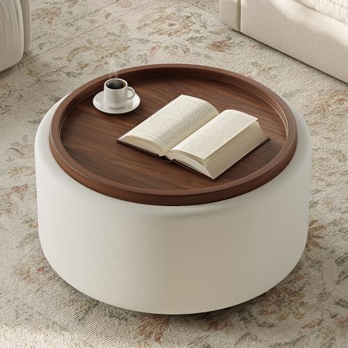 Quenvo Round Storage Ottoman Coffee Table with Walnut Tray, 30 Round Ottoman with Storage, Modern Upholstered Coffee Table with with 4 Casters for Living Room, Linen Fabric, Beige