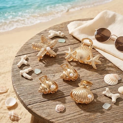 Set de 5 Pinzas de pelo con diseño concha marina, clips de playa para mujer, accesorios capilares dorados para fiestas en la playa y uso diario miniatura 4