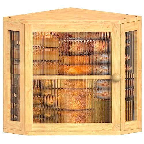 Photo 1 of Corner Bread Box, Extra Large Bread Box for Bread Storage-Durable Bamboo Wood Bread Box for Kitchen Countertop-Double Bread Container with Adjustable Height, Easy To Assemble Natural Bamboo