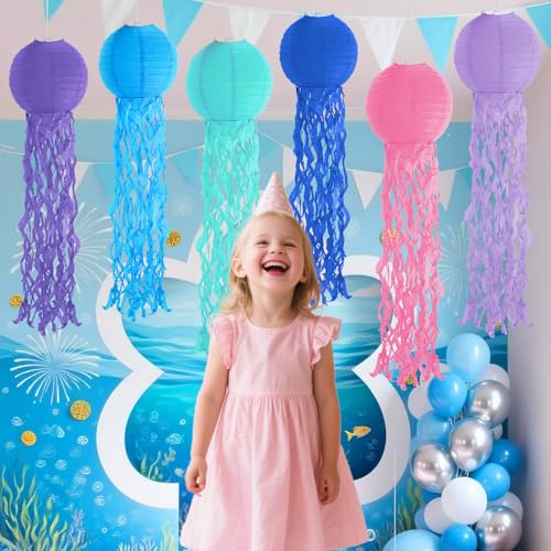Image of Set of 6 Hanging Jellyfish Paper Lanterns Blue Jellyfish Decor for The Sea Ocean Party, Mermaid Birthday Decoration, Baby Shower, Nautical Events(Multi-Color 4)