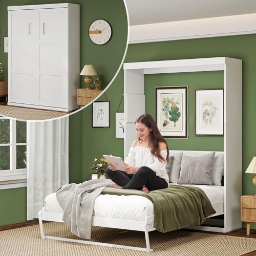 EITACHUL Wood Murphy Bed Wall Cabinet, White, Space-Saving