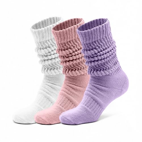 AMELLE Women Slouch Socks 3-Pack -Retro Scrunch Socks Breathable & Stretchy Everyday Casual Socks (US Alpha One Size Regular Regular White/Lilac/Pink)