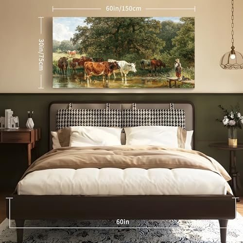SERIMINO Large Wall Art for Living Room, Animal Cow Vintage Wall Decor, Forest Pastoral Landscape Canvas Painting, Retro Herding Cattle Pictures Home Decor for Bedroom Bathroom Kitchen 30x60 Inch