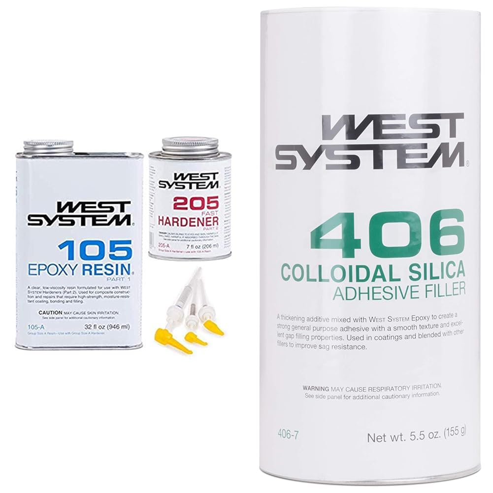 WEST SYSTEM 105A Epoxy Resin (32 fl oz) Bundle with 205A Fast Epoxy Hardener (7 fl oz) and 300 Mini Pumps Epoxy Metering 3-Pack Pump Set (3 Items) & 406-7 Collodial Silica 5.5oz, Off-White