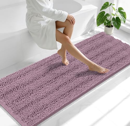 Image of Smiry Thick Chenille Bathroom Runner Rugs 70x24, Soft Bath Mat, Deep Plum | Quick‑Dry & Machine Washable, Non‑Slip Bath Carpet, Striped Bath Rugs for Tub & Shower, Modern Home Decor Accessories
