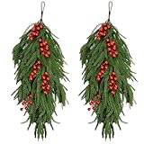 Tobilu 2 Pcs Christmas Teardrop Swag - Christmas Door Swags Faux Pine Cedar Teardrop Wreath with Red Berry for Window Wall Home Indoor Outdoor Xmas Decor