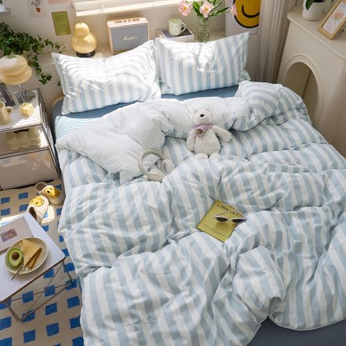 Image of EAVD Retro Blue Striped Duvet Cover Twin Soft Washed Microfiber Reversible Vertical Striped Percale Bedding Set with 2 Pillowcases Farmhouse Geometric Pattern Duvet Cover with Zipper Closure