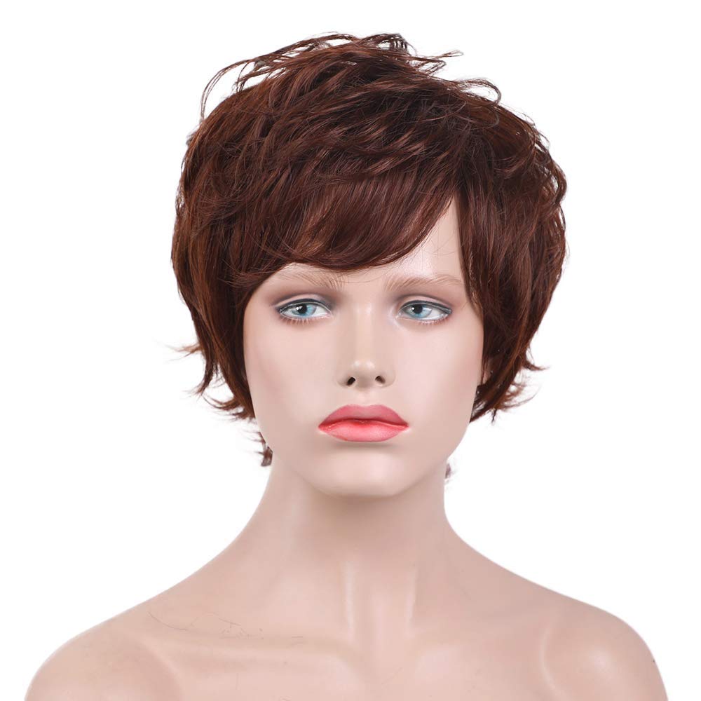 HAIRCUBE Pixie Cut Perücke Menschenhaar für Frauen Kurzes Haar mit Bangs Natürlich (Braunrot)