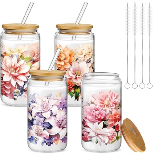 Mumufy 4 Pack Gift for Women Bloom Floral Elegant Glass Cup Tumbler Blooming Garden 16 oz Iced Coffee Glass with Bamboo Lid & Straw, Mothers Day Birthday Gift for Mom Sister Bridesmaid Baby Shower