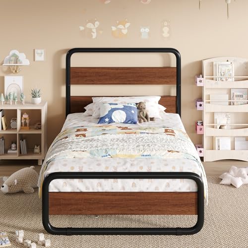 Image of SHA CERLIN Twin Size Metal Bed Frame with Wooden Headboard, Walnut