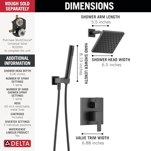 Image of Delta Modern Square Shower System Faucet Set, Matte Black 6.5-inch Shower Head and Handle Set, Valve Trim Kit, Matte Black T342703-BL (Valve Not Included)