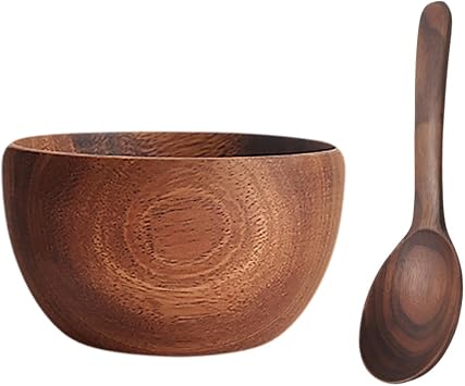 2pcs Wooden Salad Bowl and Spoon Natural Acacia Wood for Serving Salad Pasta and Fruit and Restaurant Dining Accessory Bowl Walnut Spoon