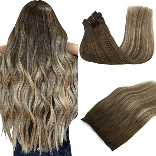 GOO GOO 120g Hair Extensions Clip in Human Hair Walnut Brown to Ash Brown and Bleach Blonde Remy Human Hair Extensions Clip in Natural Hair Straight 7pcs 22 Inch