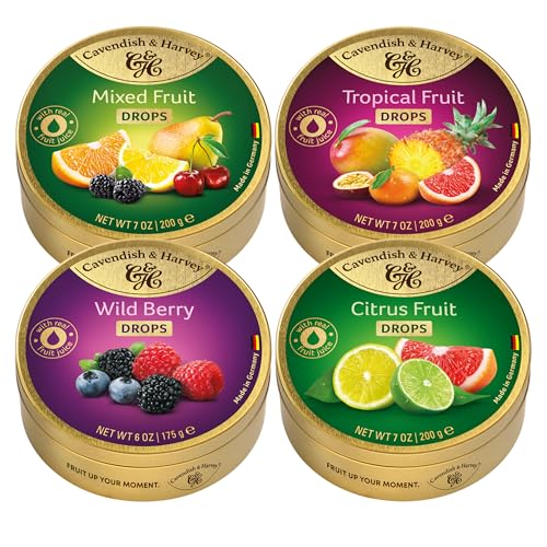 Cavendish & Harvey 4 x 200g/175g Fruchtbonbons Tropical Fruit Mix + Wild Berry Drops + Citrus Fruit Drops + Tropical Fruit Drops Edle Süßigkeiten für Kenner