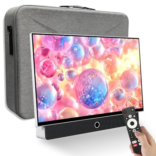 TV portátil de 27 pulgadas FHD 1080P Android14 OS con Google TV, batería de 9000 mAh, Dolby Audio, 100% sRGB, Google Assistant, mango de cuero, transmisión de Android TV con funda de transporte para