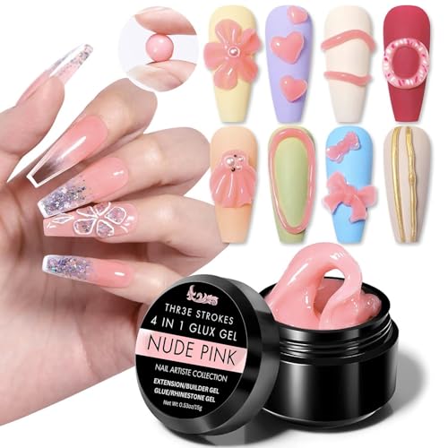 Image of THR3E STROKES 7D Sculpting Gel for Nail Art - Clear 15g Hard Builder Gel for Nail Extension, Carving & Embossing | Non-Sticky Texture, 7D Pattern Design Gel - Professional & DIY Use 4IN1 GLUX (NUDE PINK)