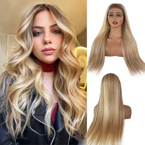 Image of 28 Inch Highlight Blonde Lace Front Wigs Human Hair 13x6 HD Transparent Glueless Wigs Human Hair for White Women Ombre Brown with Bleach Blonde Straight Lace Frontal Wig Pre Plucked 180% Density