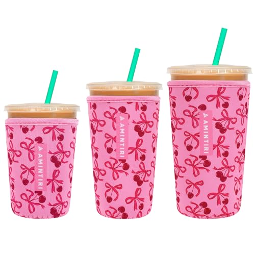 Image of 3 Pack Reusable Sleeve for Iced Coffee Cup, Coffee Neoprene Sleeve for Iced&Hot Drinks, Coffee Sleeve Compatible with Starbucks, Dunkin Coffee Cup. (Cherry&Bow)