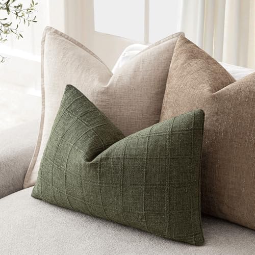Image of Foindtower Set of 1 Decorative Linen Check Throw Pillow Cover Neutral Farmhouse Lumbar Cushion Cover Modern Boho Home Decor for Sofa Chair Couch Bedroom Living Room,12x20 Inch,Olive Green