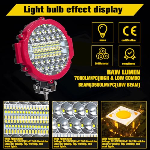 7 INCH Round LED Light Bar MUVKQC 201W Off-Road Driving Lights 21000lm LED Work Lights Pod with Wiring Harness for Pickup SUV ATV UTV Trucks Tractor (4PCS 201W Red+2 Set 2-Lead Wiring Harness)