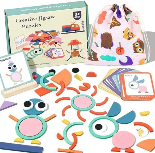 Wooden Shape Puzzles for Toddlers 3+ Years Old,Wooden Pattern Blocks Set Montessori Toys, Back to School, Preschool Education Activity STEM Gift for 3 4 5 Years Old Kids (100 PCS)