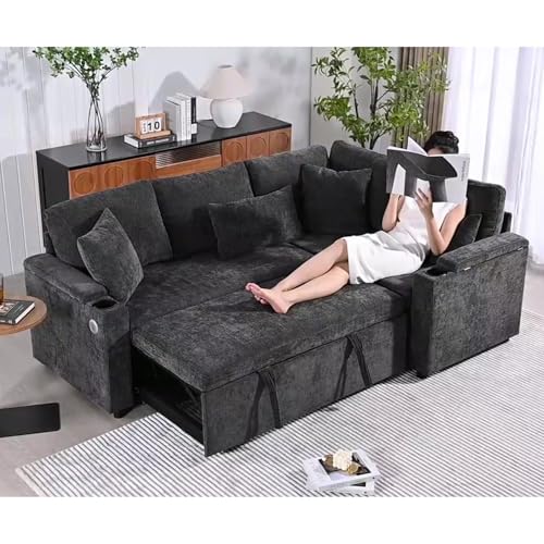 Yihomfy Canape Dangle Convertible Canapé Lit, Canapé Convertible avec Rangement et Méridienne, 2 Porte-gobelets,Port USB,Canape 4 Places pour Salon,Canapé...