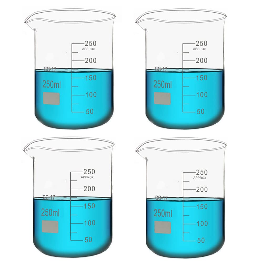 Vasos de precipitados de vidrio de 4 piezas, (100 ml / 150 ml / 200 ml / 250 ml / 300 ml / 400 ml / 500 ml) Vaso de laboratorio de borosilicato transparente, vasos de medición de vidrio con graduaci