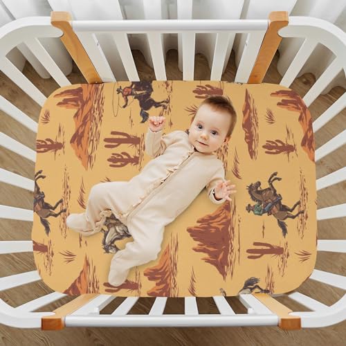 Image of Western Cowboy American Crib Sheets Soft Breathable Fitted Baby Playard Sheets Mattress Cover for Girl Boys, 39 inch x 27 inch x 5 inch