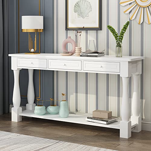 Karl home Console Table with 3 Drawers, Entryway Desk Sofa Side Table with 1 Bottom Open Shelf, Vintage TV Stand for Hallway Living Room Foyer Office, White 34" H Karl home Console Table with 3 Drawers, Entryway Desk Sofa Side Table with 1 Bottom Open Shelf, Vintage TV Stand for Hallway Living Room Foyer Office, White 34" H