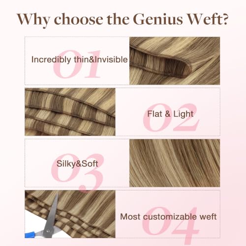 Image of GOO GOO Genius Weft Hair Extensions Human Hair, Sew In Extensions Rooted Remy Weft, #12A /18H Ash Beige Blonde Blend 20 Inch 60g, Natural Hand Tied Straight Silky