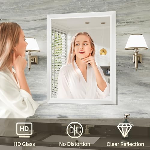 24x32 Inch White Bathroom Mirror for Wall, Thick Metal Framed Rectangle Mirrors for Over Sink, Bedroom, Living Room, Entryway, Anti-Rust, HD Tempered Glass