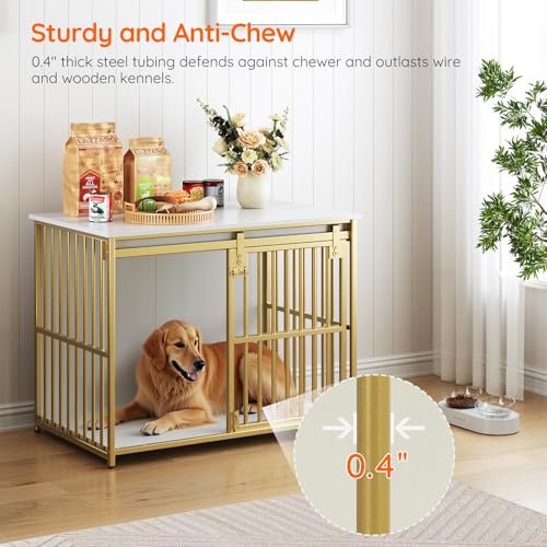 HOOBRO Dog Crate Furniture, 36.6" Heavy Duty Dog Kennel with Sliding Barn Door, Wooden Dog Cage Indoor, Decorative Side End Table for Small/Medium Dogs, White and Gold GD162GW03G1 - Image 3