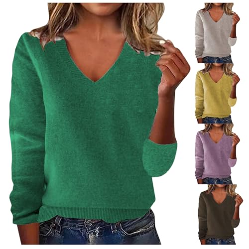 Womens V Neck Sweater,Deep V Neck Sweater for Women Long Sleeve Wool Pullover Lightweight Loose Fit Knitted Fall Top Dark Green Large - image 1