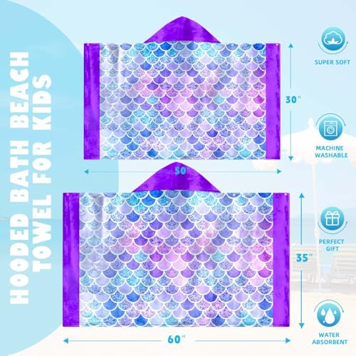 Image of Mermaid Girls Beach Towel with Hoodie for Kids Toddlers Age 4-8, Pink Blue Bath Towels Shower Wrap for Girls, Hooded Poncho Beach Blanket for Pool Swimming Cute Wearable Bath Towel for Child