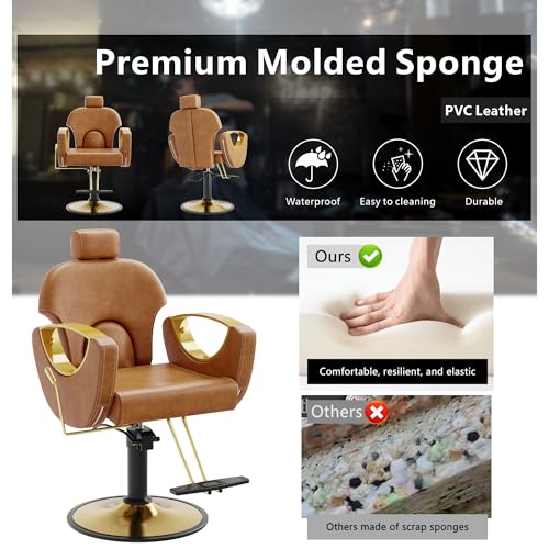 Image of Barber Chair, Reclining Hair Salon Chair, 360 Degrees Swivel Styling Chair, Height Adjustable Hydraulic Shampoo Chairs, Spa Equipment (Brown)