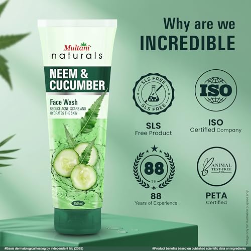 Image of Multani Naturals Neem & Cucumber Face Wash 150ml (Pack of 2) | Ayurvedic Herbal Cleanser Face Wash | Oil Control, Acne Care & Deep Cleansing | SLS & Paraben Free, Dermatologically Tested | For All Skin Types