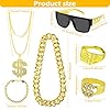 8 Stück Zuhälter Kostüm, 80er 90er Jahre Outfit Herren Hip Hop Kostüm, Rapper Zubehör Hip Hop Dollar Halskette Goldring Sonnenbrille Goldkette für Fasching Karneval Party Zubehör #3