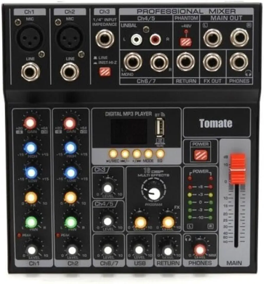 Mesa de Som Profissional Bivolt 7 Canais - Mixer de Áudio Bluetooth, MP3 e USB Com Efeitos, Equalizador e Phantom Power, Console de Mixagem Para Podcast, Igreja, Karaokê e Live (TYT-007)