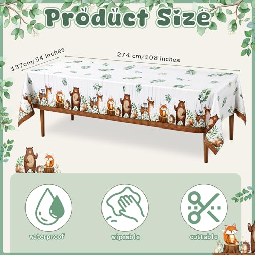 Image of TREWAVE Woodland Animals Plastic Tablecloth Forest Wild Creatures Baby Shower Table Covers for Boy Girl Birthday Table Decoration Neutral Gender Reveal Decor Friendship Themed Party Supply 54 inch x 108 inch