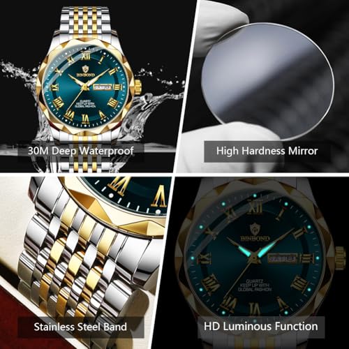 Image of BINBOND Men's Watch Luxury Business Dress Analog Quartz Stainless Steel Casual Date Wrist Watches for Men Easy Read Roman Numeral Large Dial Waterproof Luminous